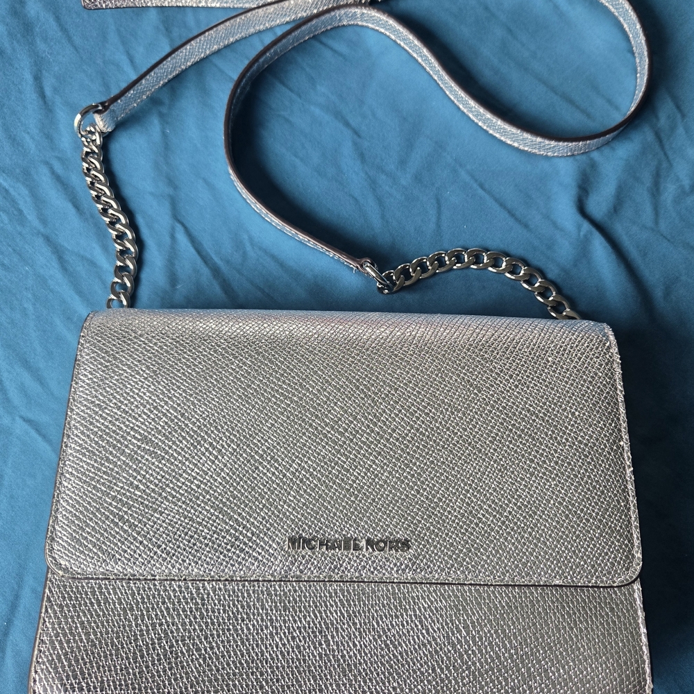 Michael Kors Silver Saffiano Leather Crossbody